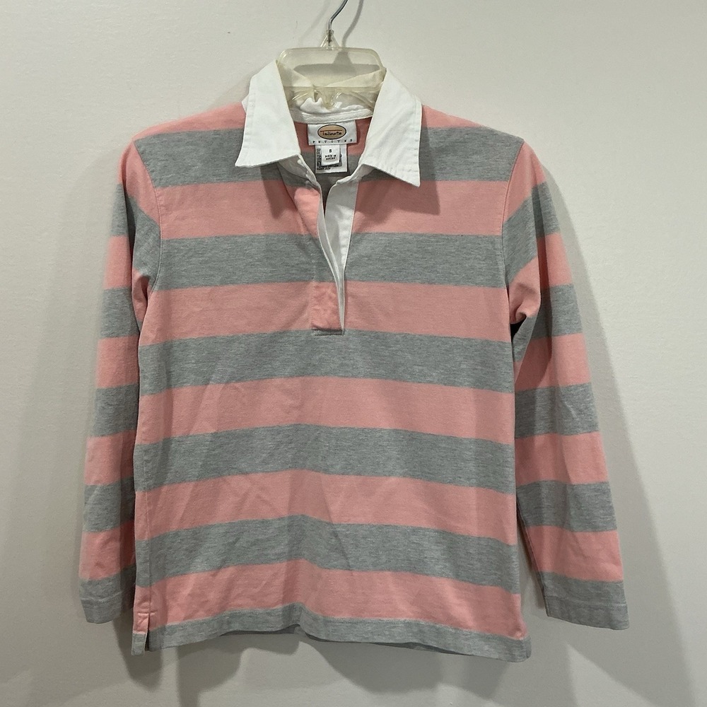 Vintage Talbots Womens petite Small Pink Gray  Striped Rugby Top Preppy